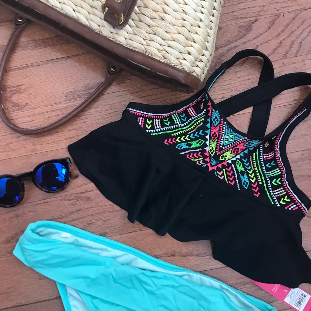 Black and Bright Ruffle Bikini Top